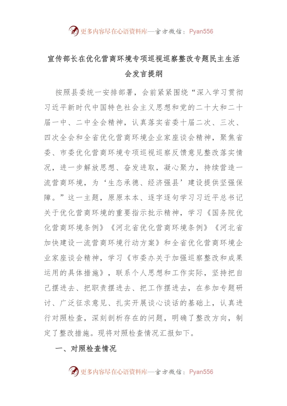 宣传部长在优化营商环境专项巡视巡察整改专题民主生活会发言提纲.docx_第1页