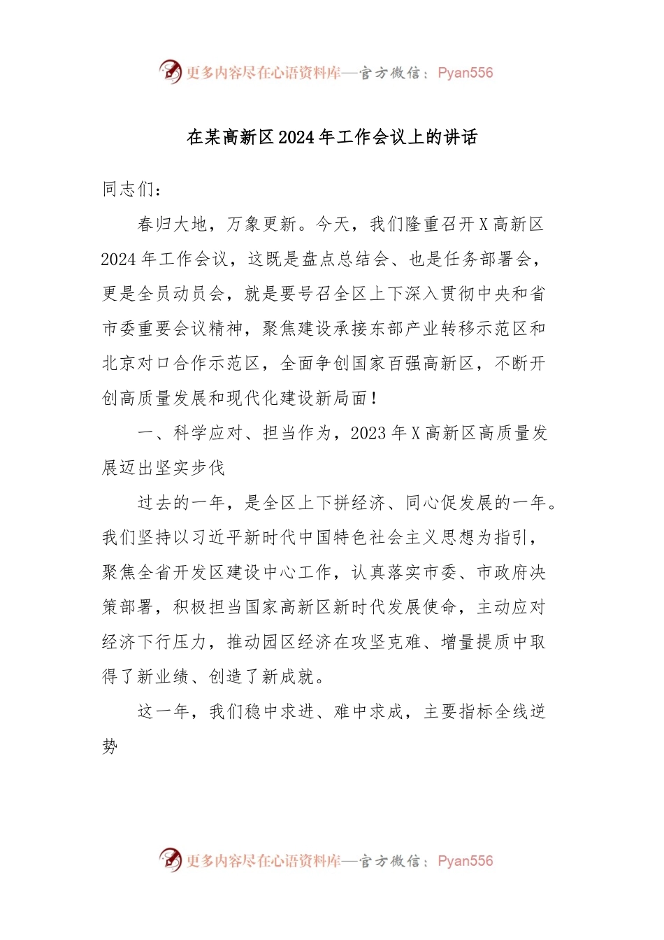 在某高新区2024年工作会议上的讲话稿.docx_第1页