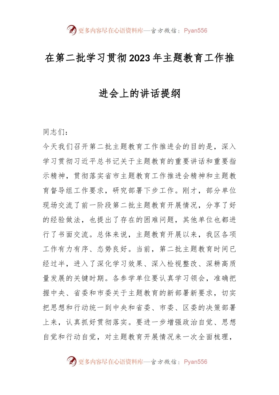 在第二批学习贯彻2023年主题教育工作推进会上的讲话提纲.docx_第1页