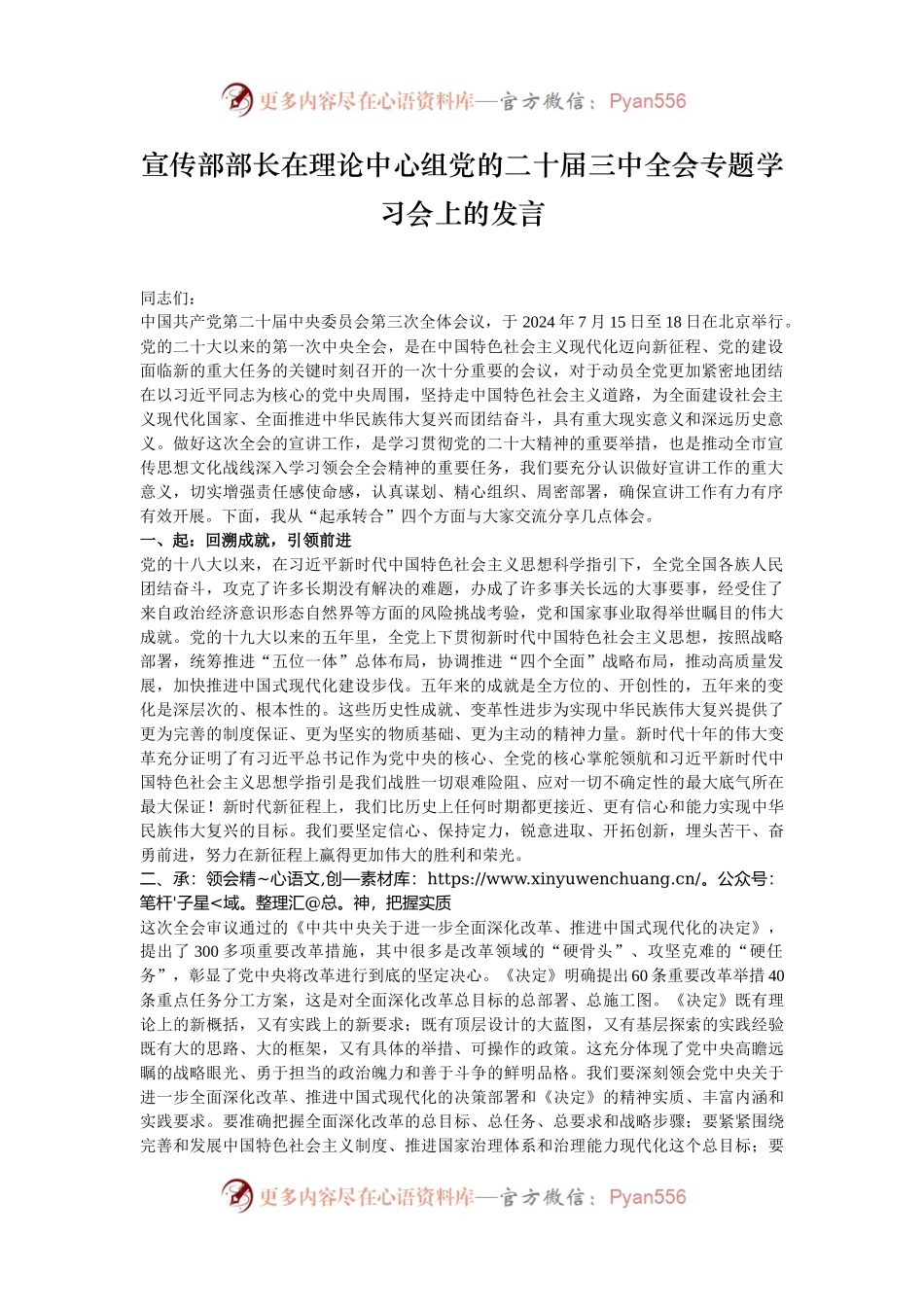 宣传部部长在理论中心组党的二十届三中全会专题学习会上的发言.docx_第1页