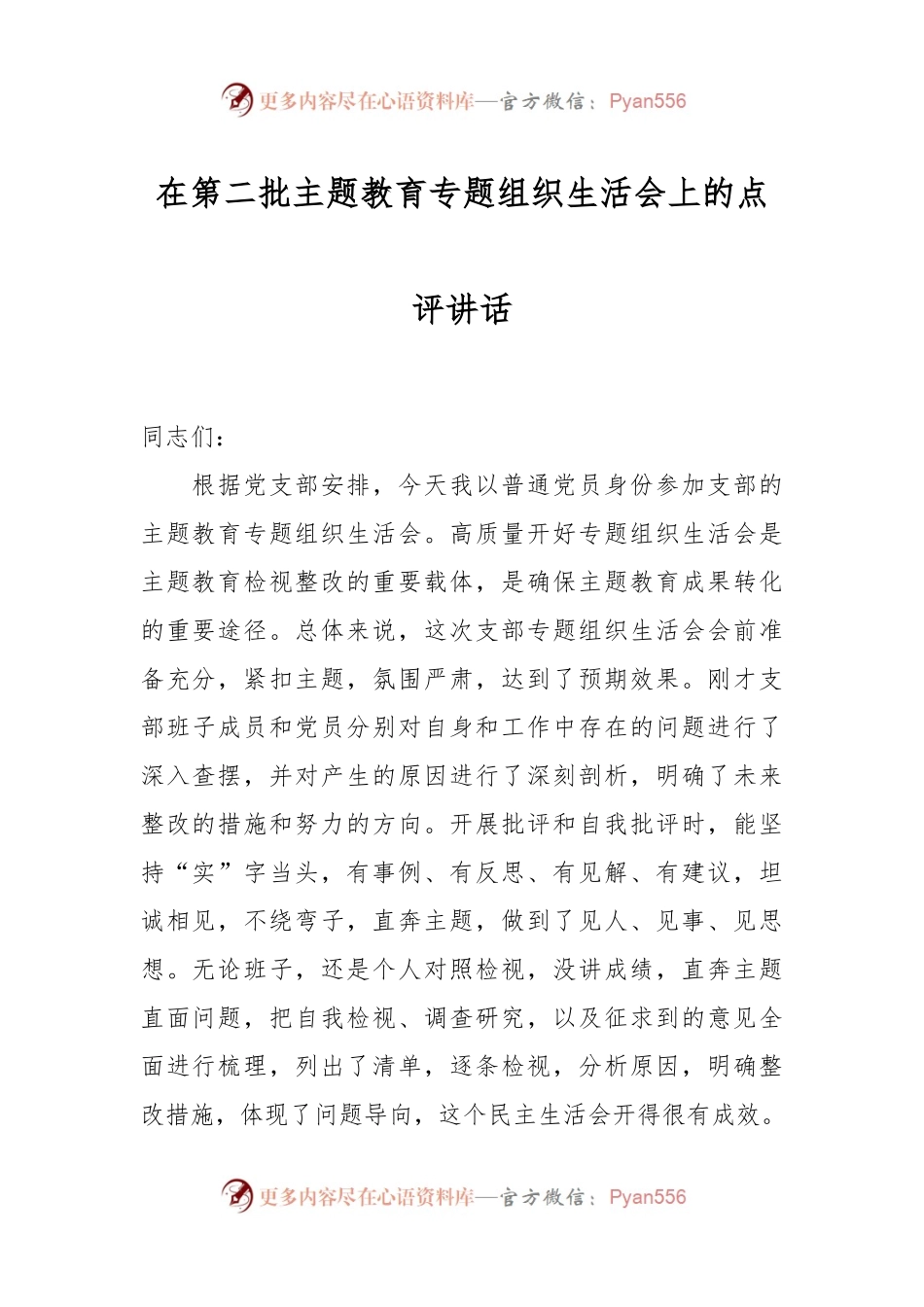 在第二批主题教育专题组织生活会上的点评讲话稿.docx_第1页