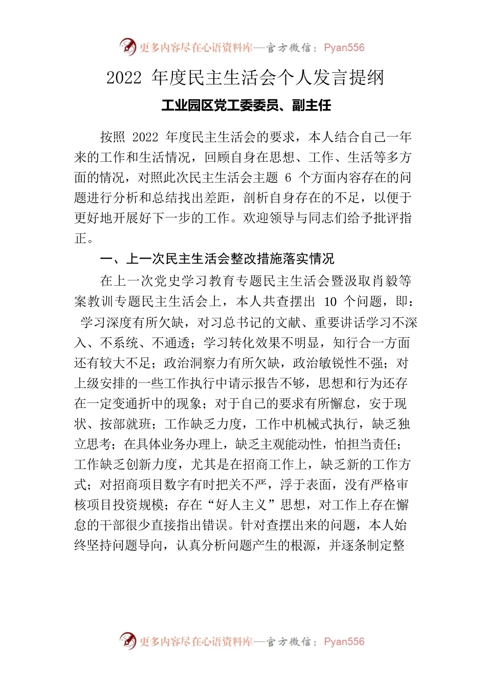 工业园区党工委委员、副主任2022年度民主生活会发言提纲.docx_第1页