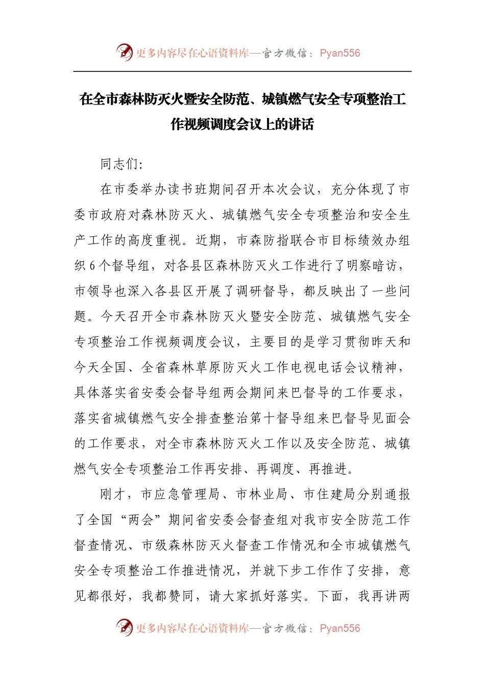 在森林防灭火暨安全防范、城镇燃气安全专项整治工作视频调度会议上的讲话.docx_第1页