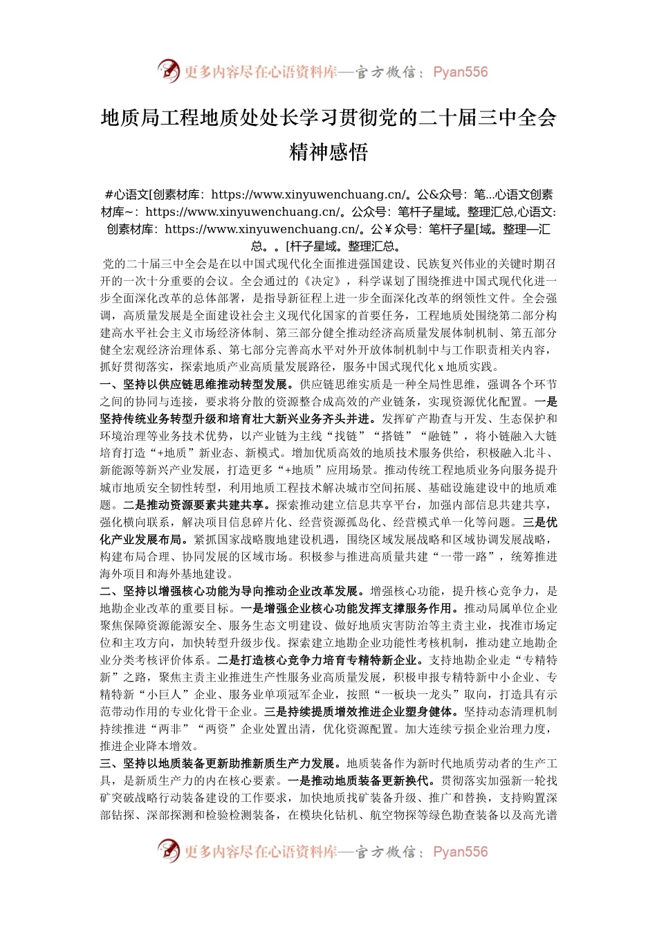 地质局工程地质处处长学习贯彻党的二十届三中全会精神感悟.docx_第1页