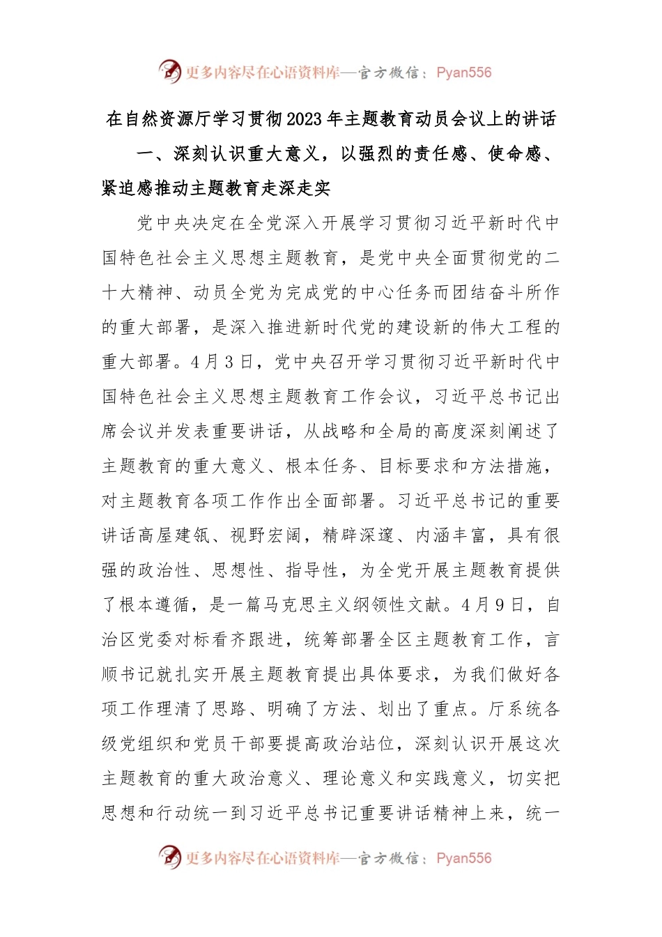 在自然资源厅学习贯彻2023年主题教育动员会议上的讲话（二）.docx_第1页
