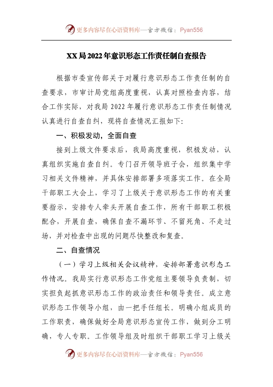 局2022年意识形态工作责任制自查报告.docx_第1页