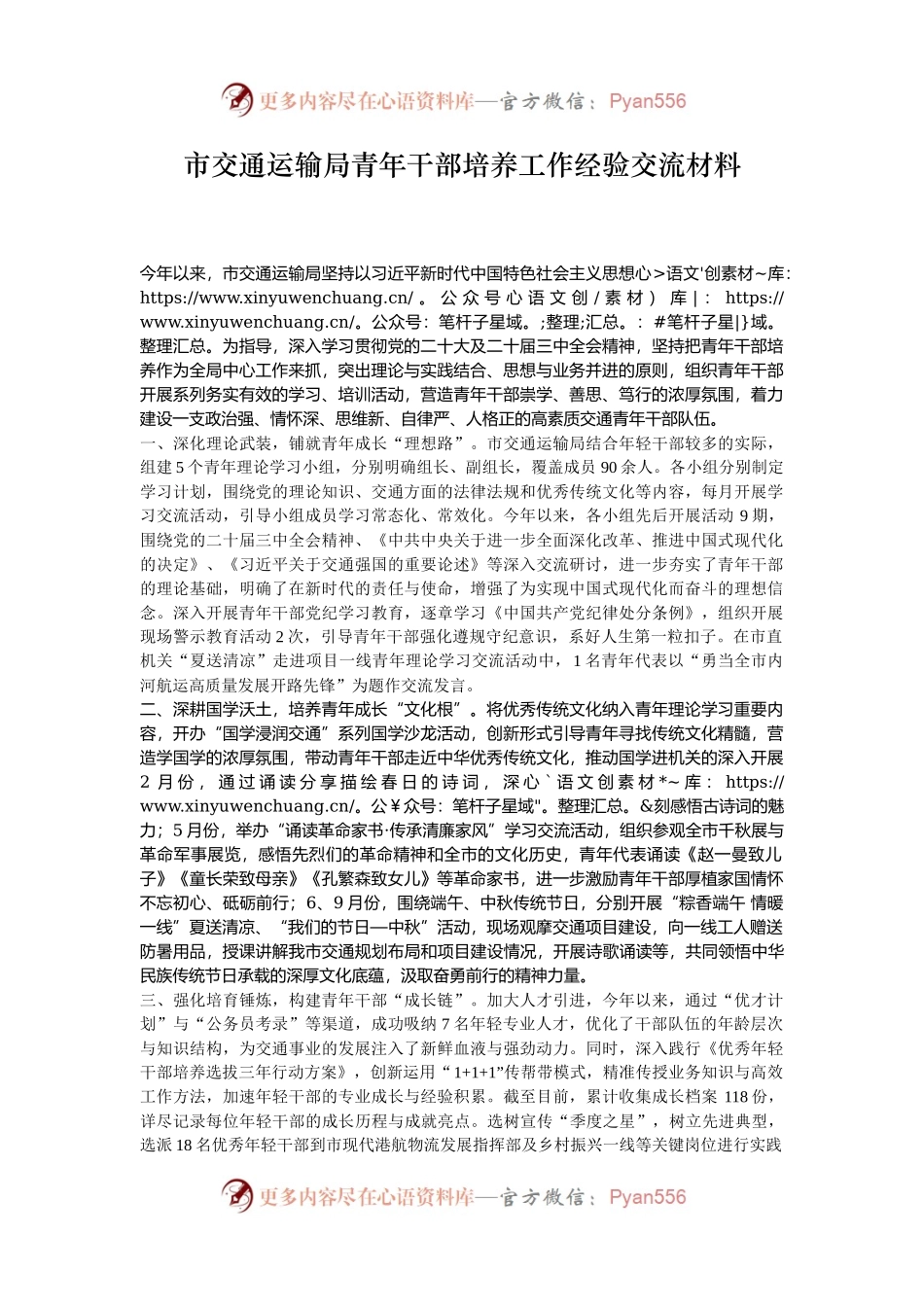 市交通运输局青年干部培养工作经验交流材料.docx_第1页