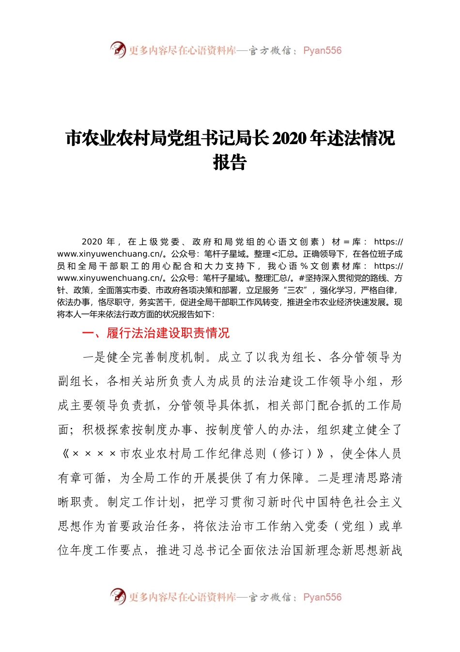 市农业农村局党组书记局长2020年述法情况报告.docx_第1页