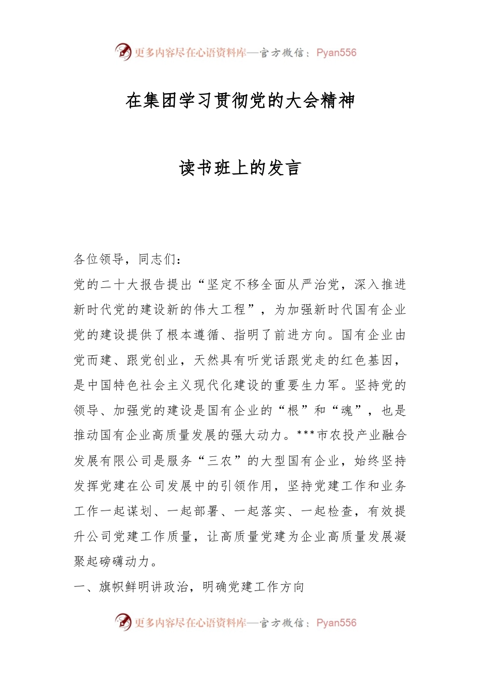在集团学习贯彻党的大会精神读书班上的发言.docx_第1页