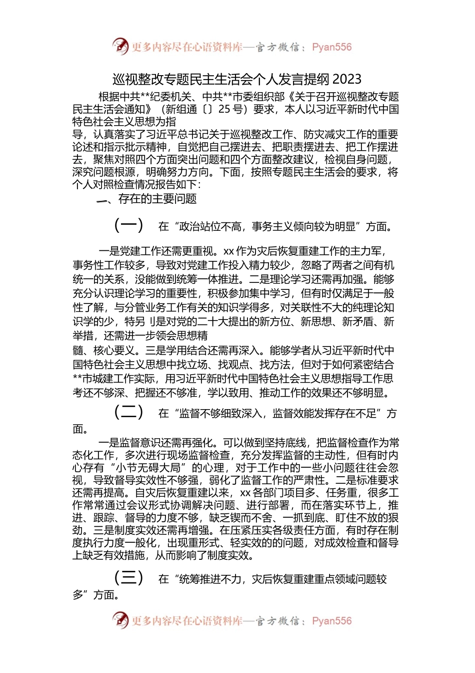 巡视整改专题民主生活会个人发言稿提纲2023.docx_第1页