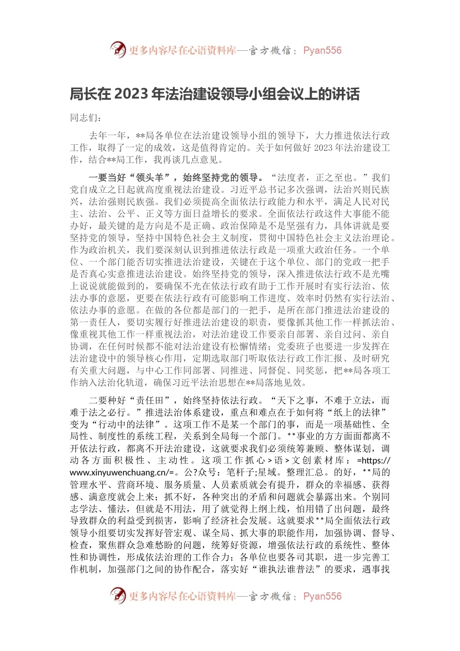 局长在2023年法治建设领导小组会议上的讲话.docx_第1页