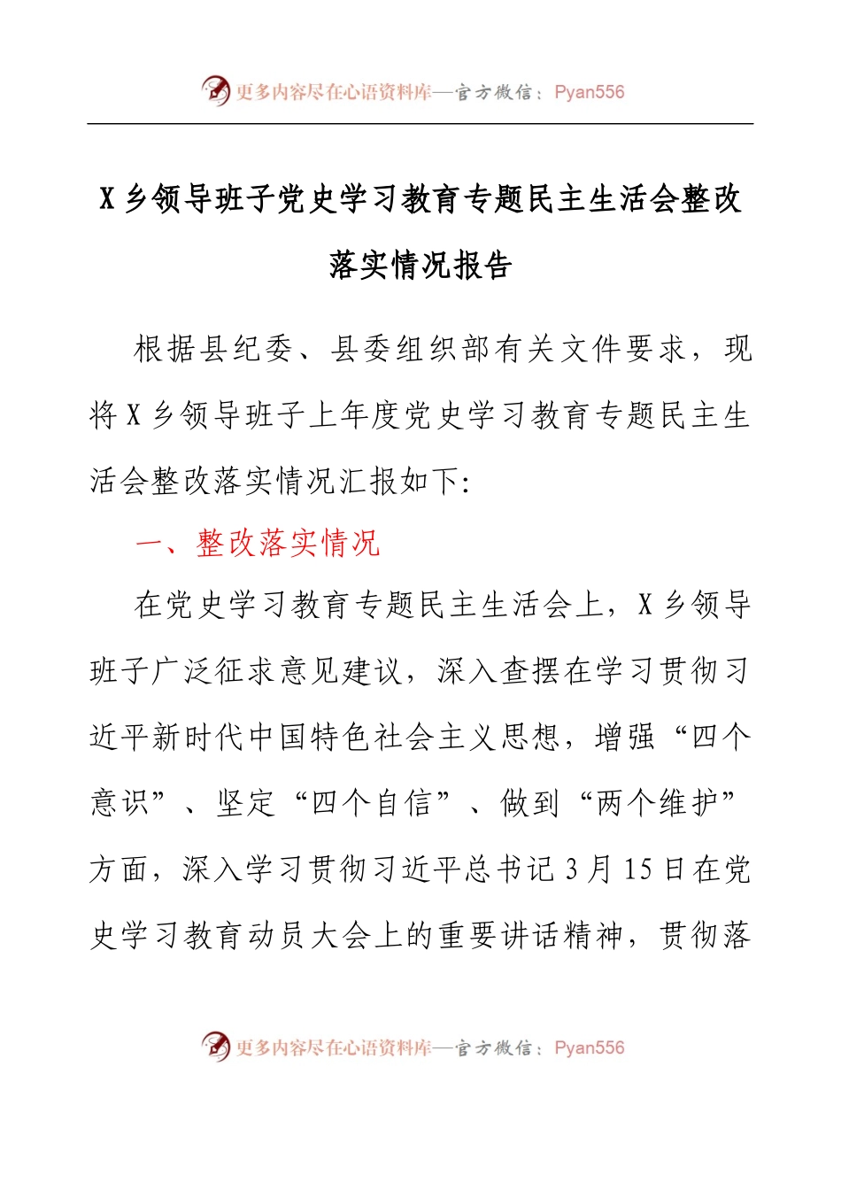 乡镇领导班子党史学习教育专题民主生活会整改落实情况报告.docx_第1页