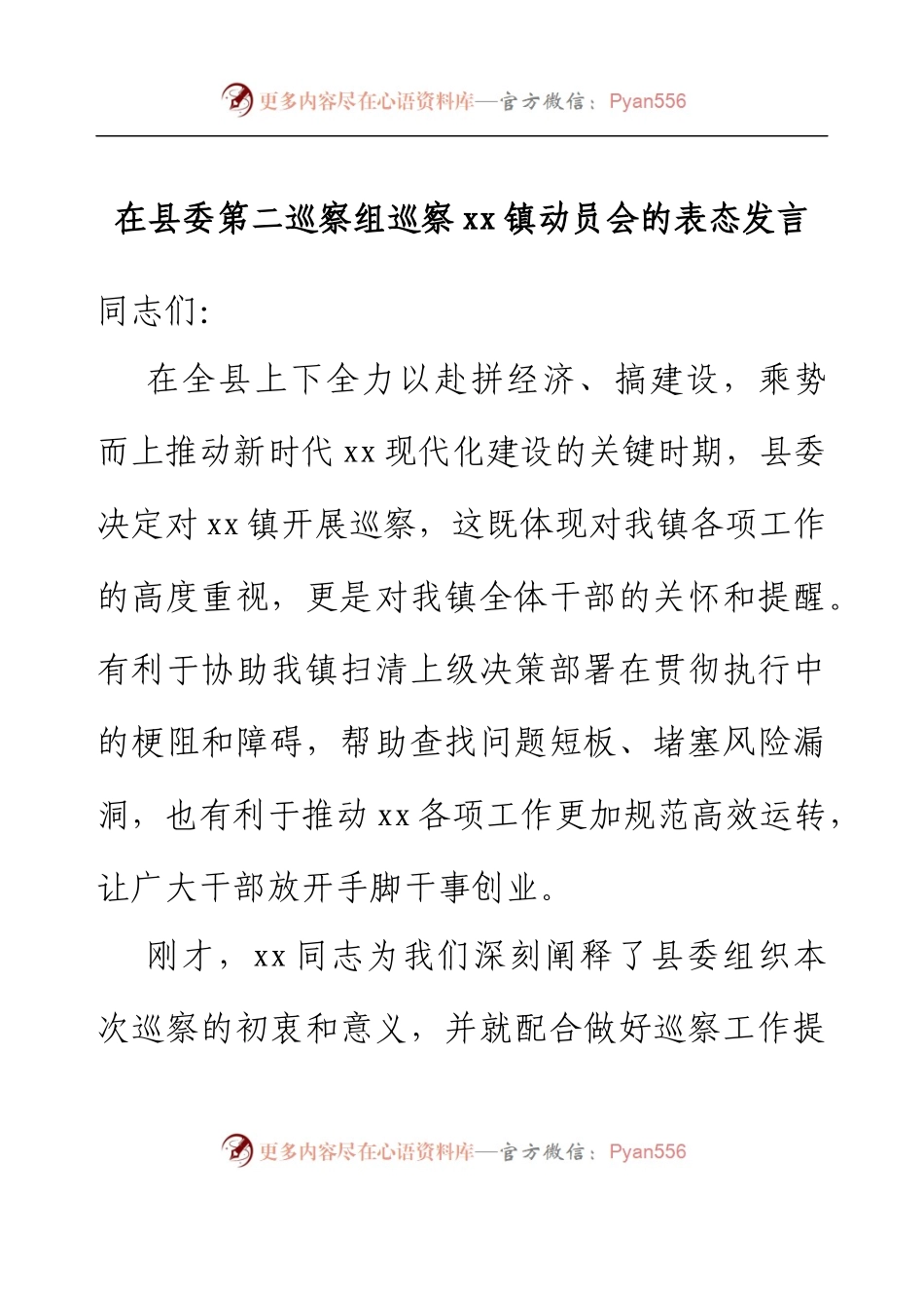 在县委第二巡察组巡察xx镇动员会的表态发言.docx_第1页