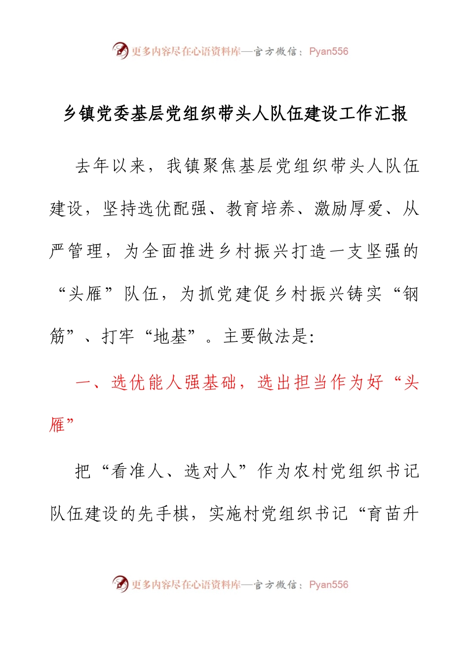 乡镇党委基层党组织带头人队伍建设工作汇报.docx_第1页