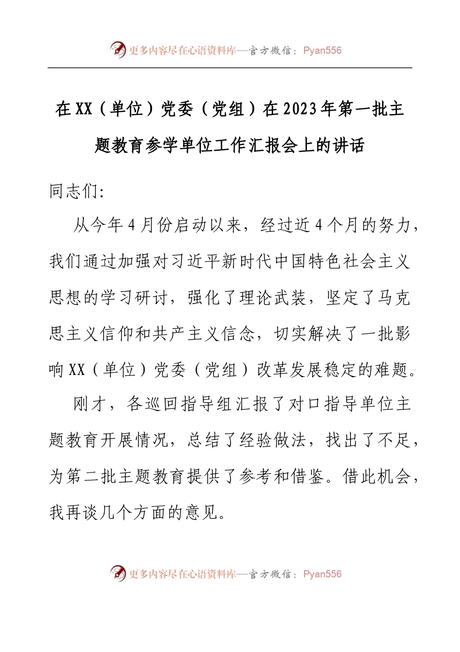 在XX（单位）党委（党组）在2023年第一批主题教育参学单位工作汇报会上的讲话.docx_第1页