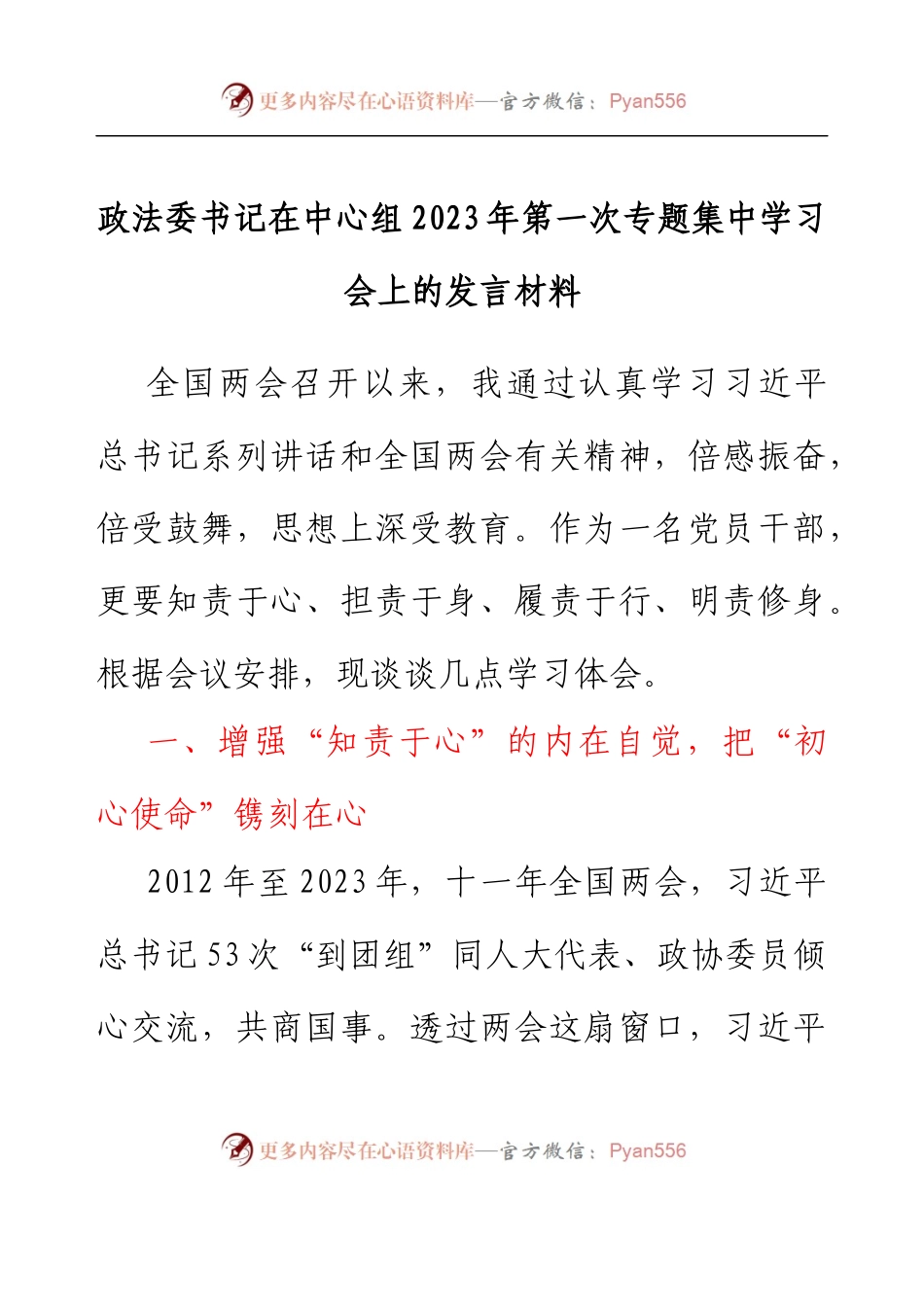 政法委书记在中心组2023年第一次专题集中学习会上的发言材料.docx_第1页