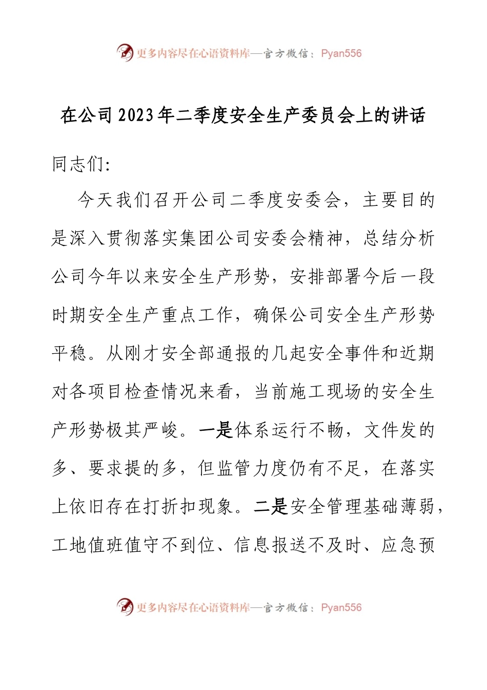 在公司2023年二季度安全生产委员会上的讲话.docx_第1页