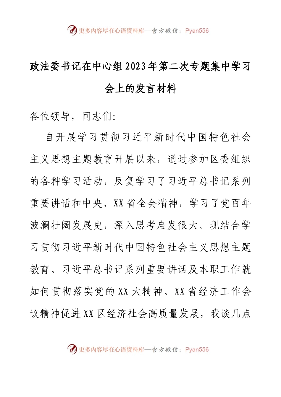 政法委书记在中心组2023年第二次专题集中学习会上的发言材料.docx_第1页