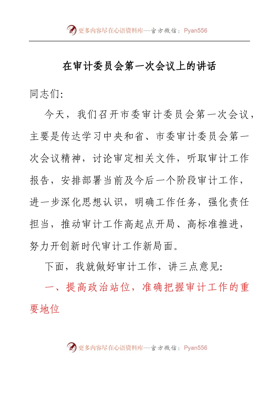在审计委员会第一次会议上的讲话.docx_第1页