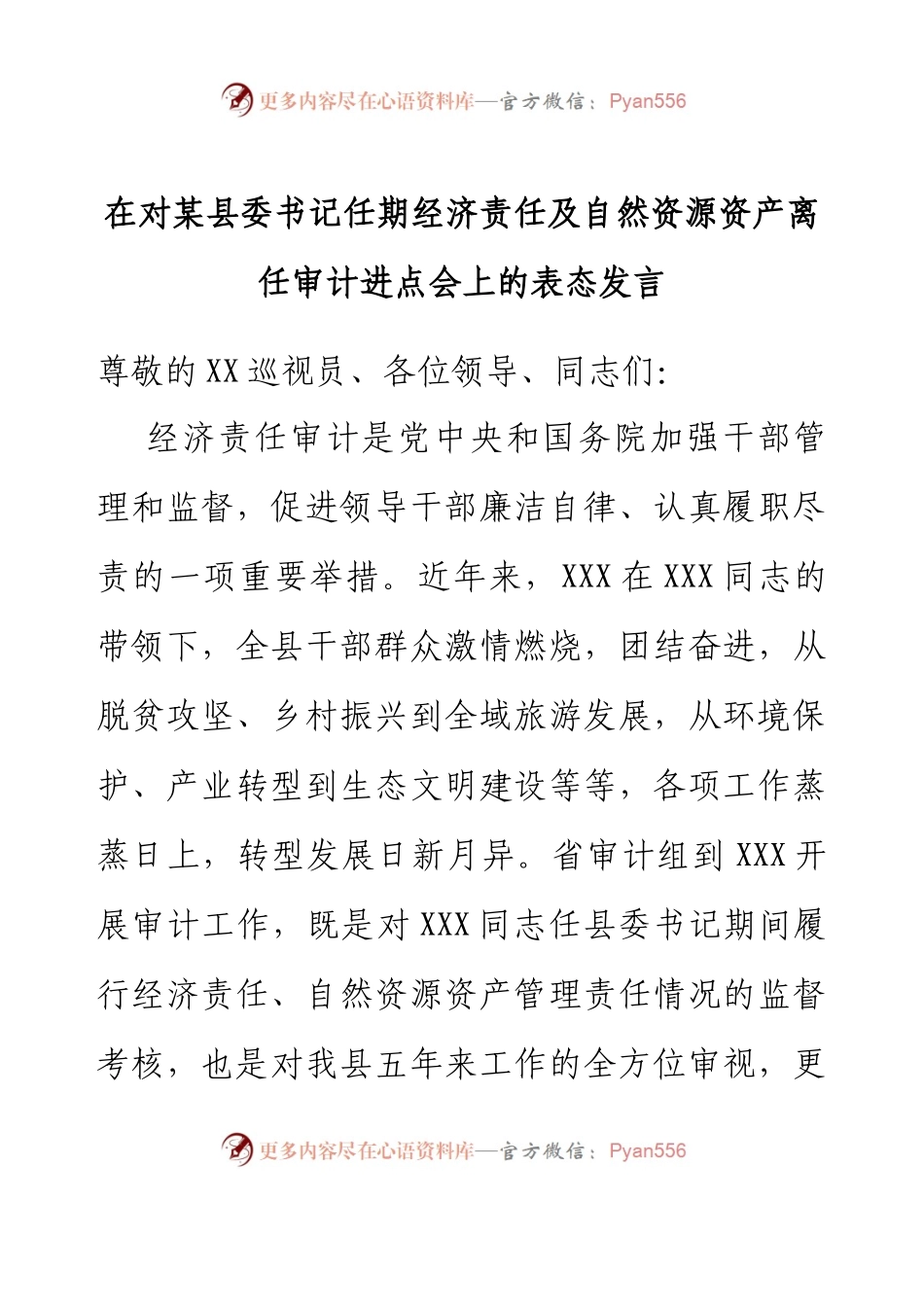 在对某县委书记任期经济责任及自然资源资产离任审计进点会上的表态发言.docx_第1页