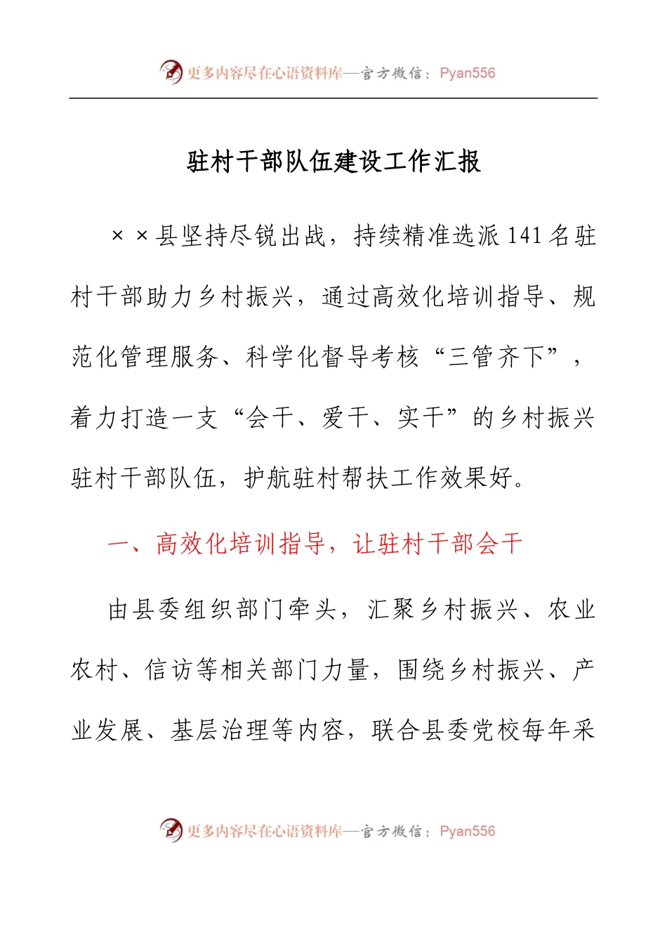 驻村干部队伍建设工作汇报.docx_第1页