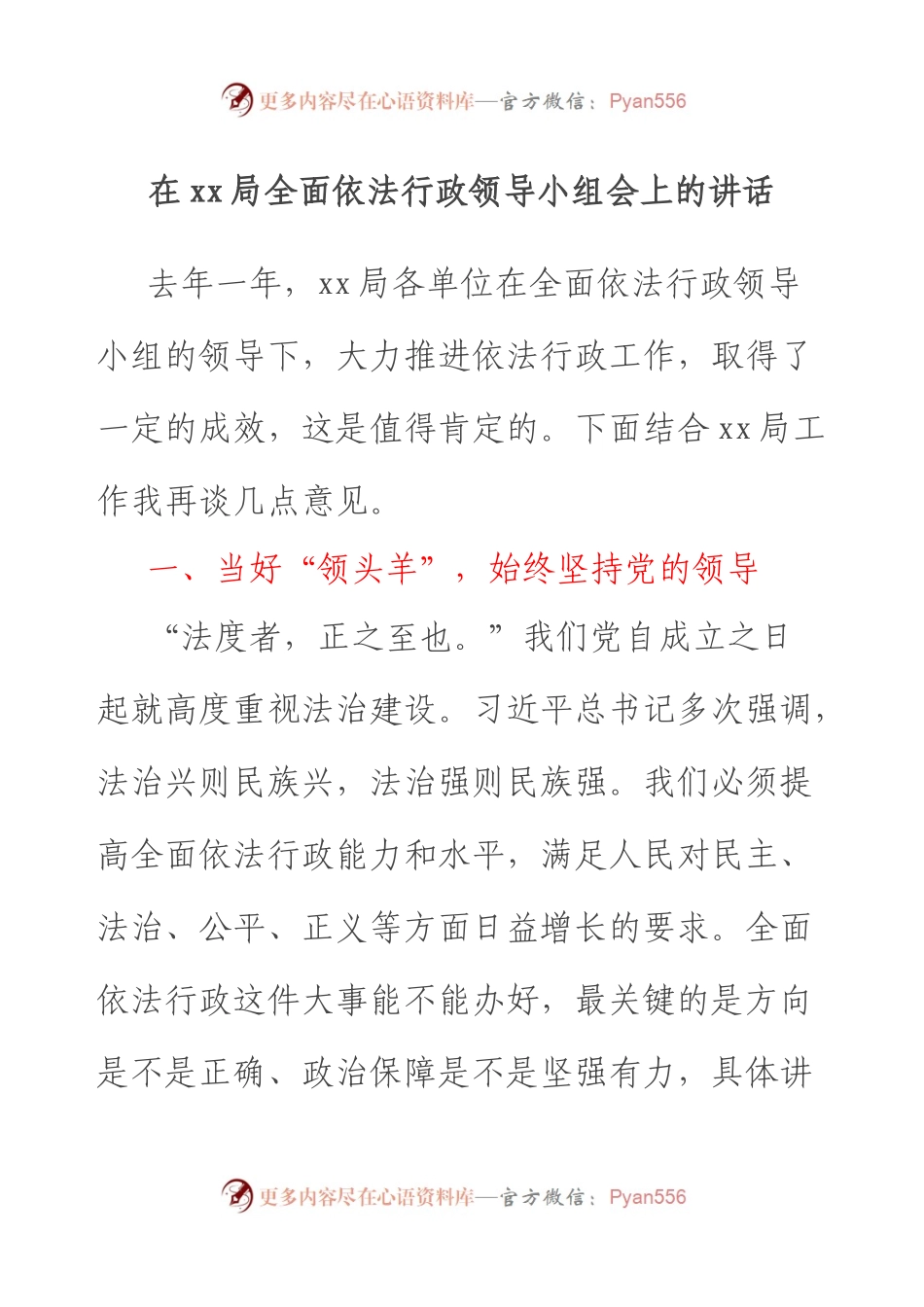 在xx局全面依法行政领导小组会上的讲话.docx_第1页