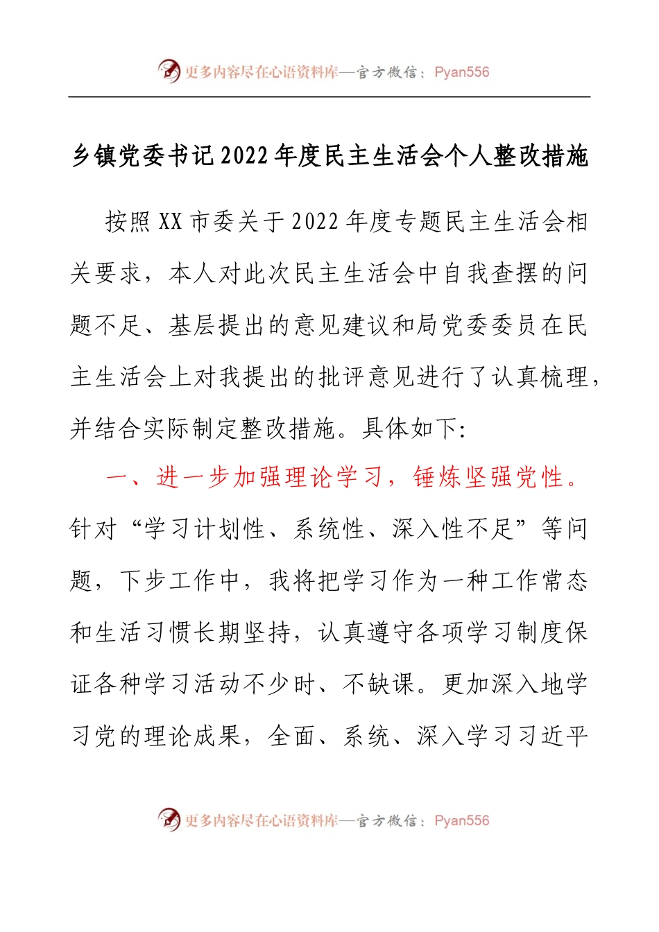乡镇党委书记2022年度民主生活会个人整改措施.docx_第1页
