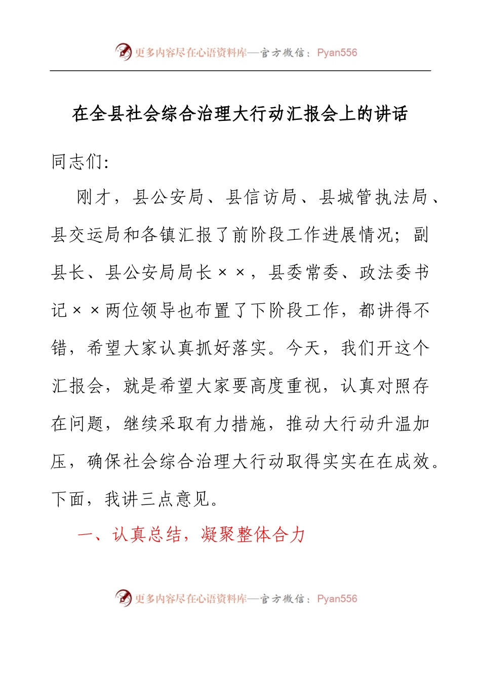 在全县社会综合治理大行动汇报会上的讲话.docx_第1页