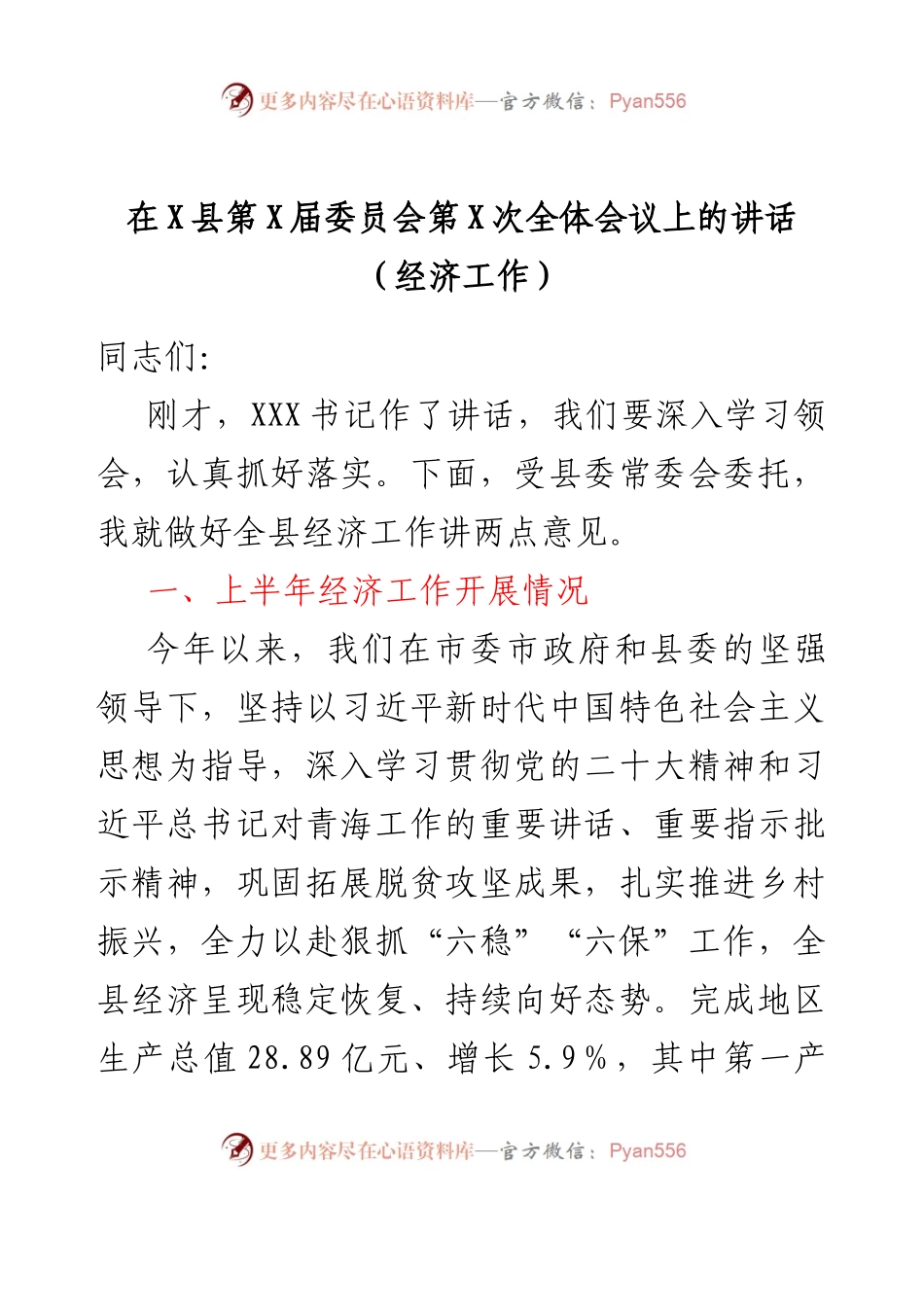 在X县第X届委员会第X次全体会议上的讲话（经济工作）.docx_第1页