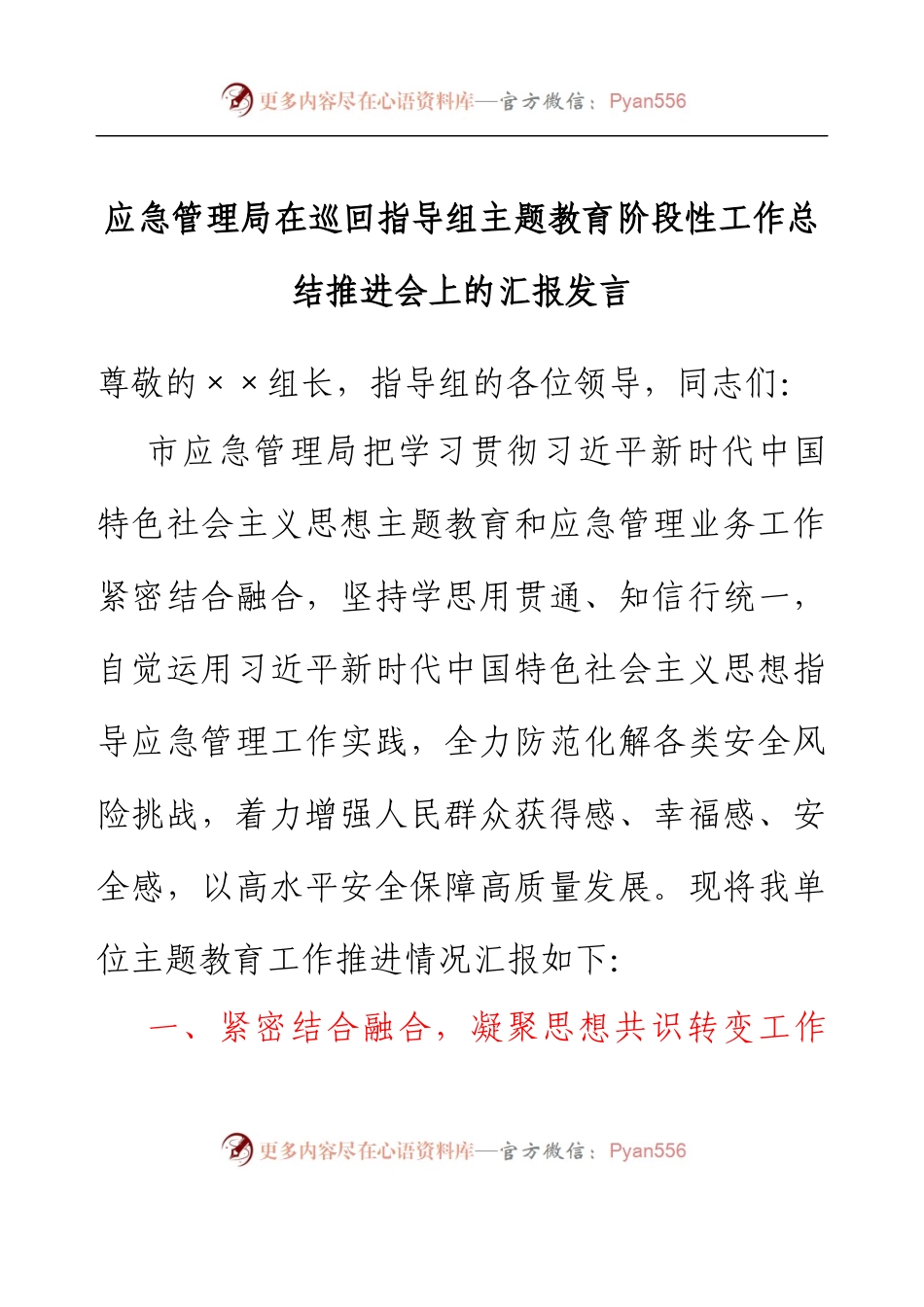 应急管理局在巡回指导组主题教育阶段性工作总结推进会上的汇报发言.docx_第1页