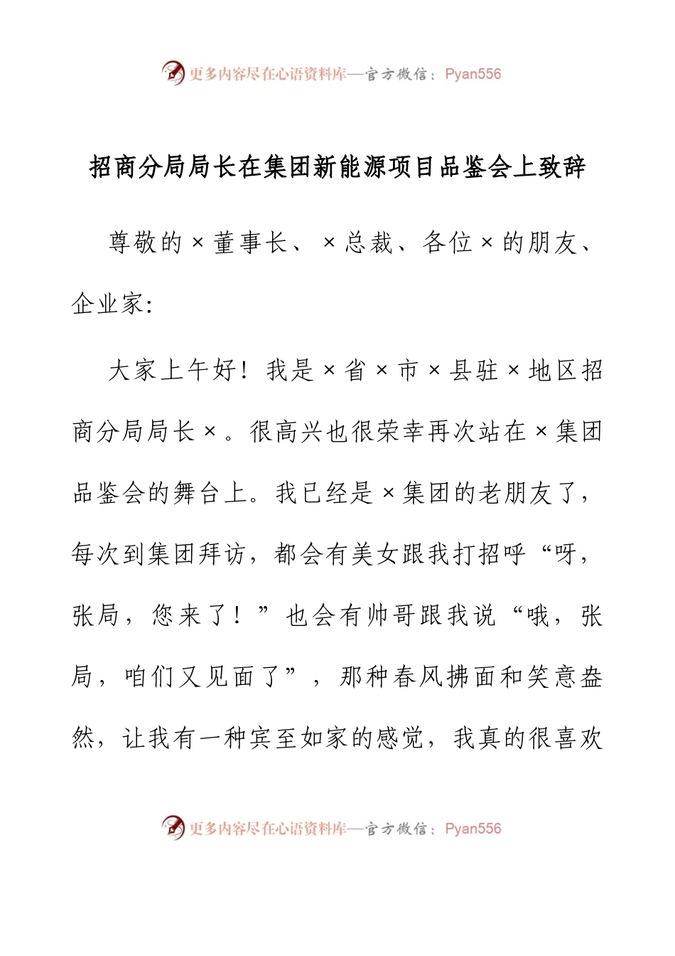 招商分局局长在集团新能源项目品鉴会上致辞.docx_第1页