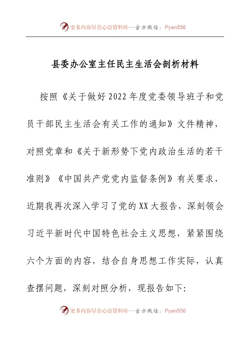 县委办公室主任民主生活会剖析材料(1).docx_第1页