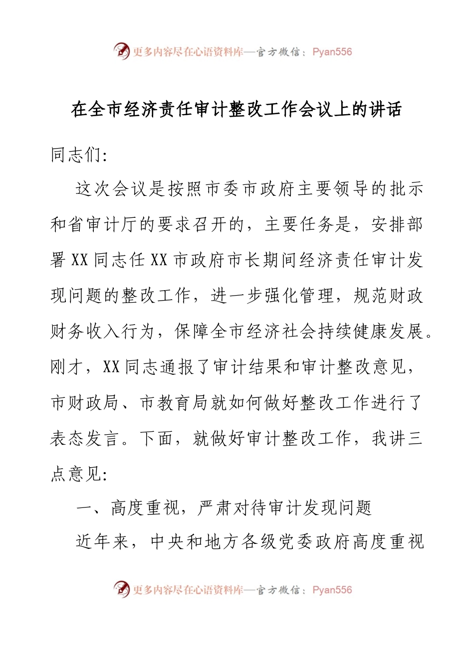在全市经济责任审计整改工作会议上的讲话.docx_第1页