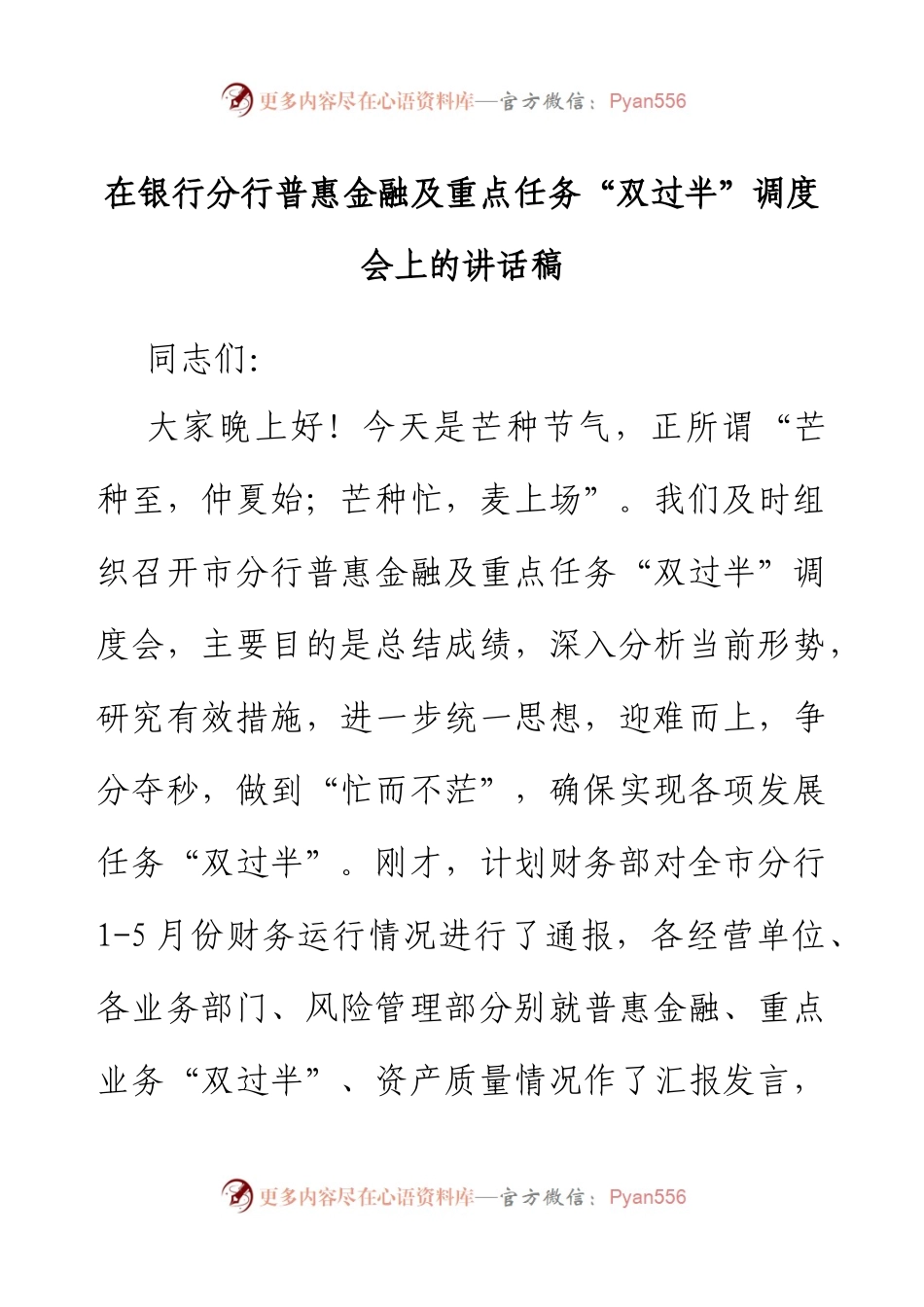 在银行分行普惠金融及重点任务“双过半”调度会上的讲话稿.docx_第1页