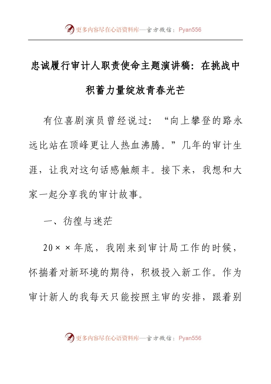 忠诚履行审计人职责使命主题演讲稿：在挑战中积蓄力量绽放青春光芒.docx_第1页