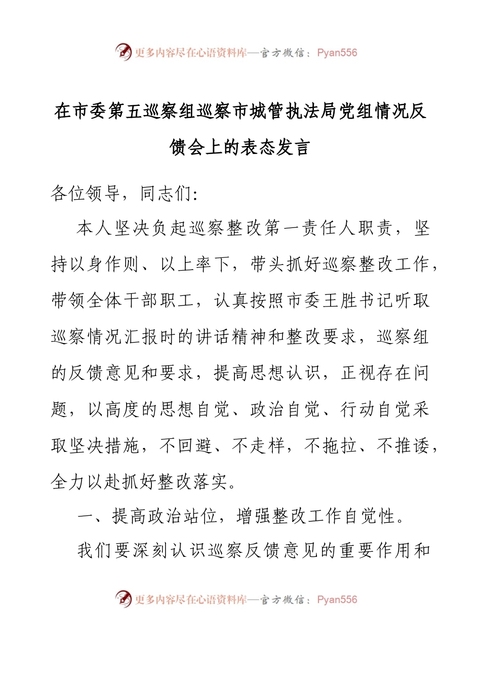 在市委第五巡察组巡察市城管执法局党组情况反馈会上的表态发言.docx_第1页