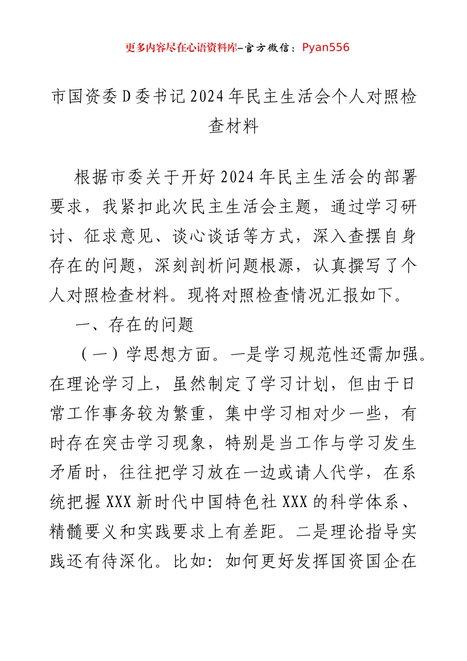 市国资委党委书记2024年民主生活会个人对照检查材料.docx_第1页