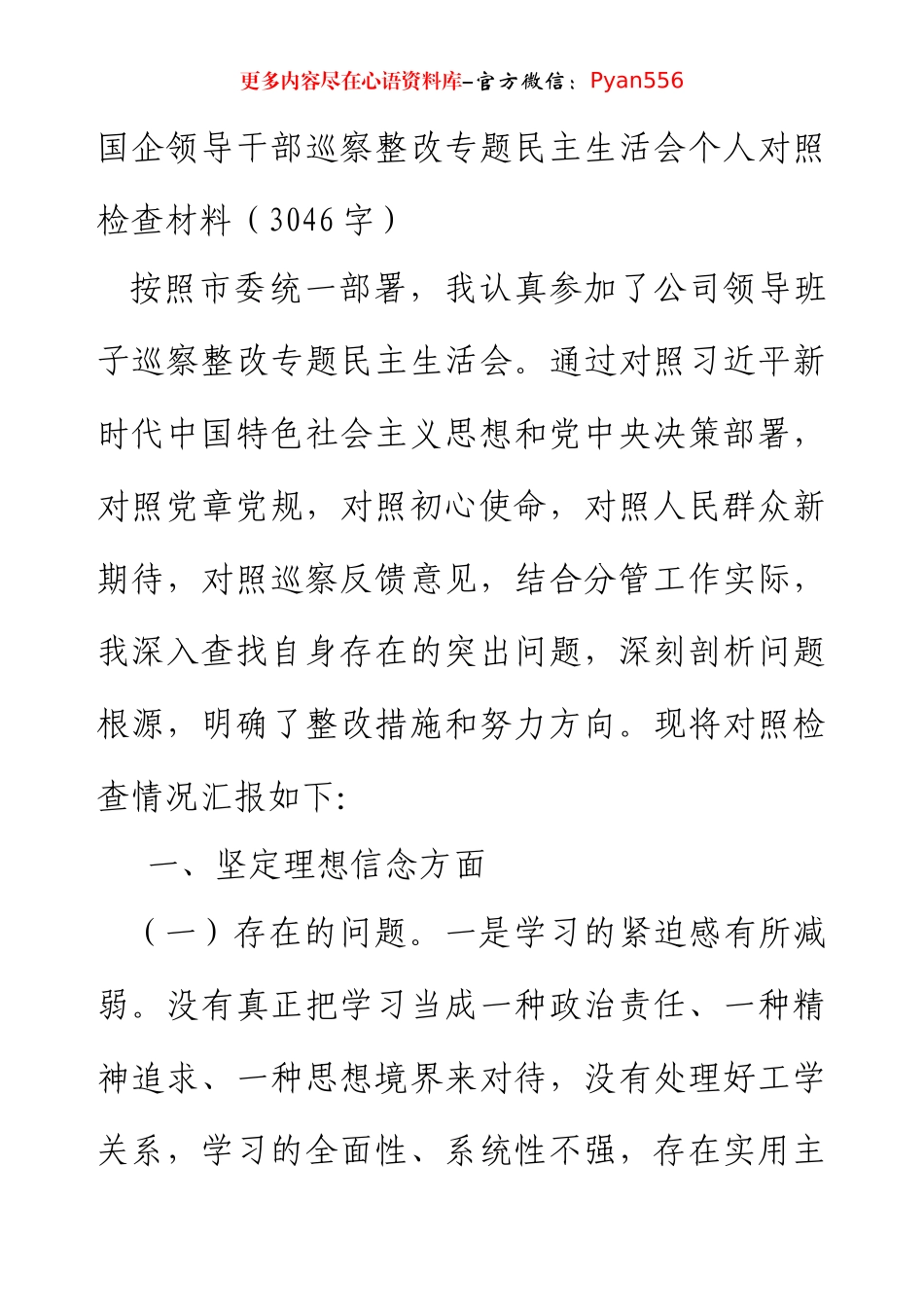 国企领导干部巡察整改专题民主生活会个人对照检查材料（3046字）.docx_第1页