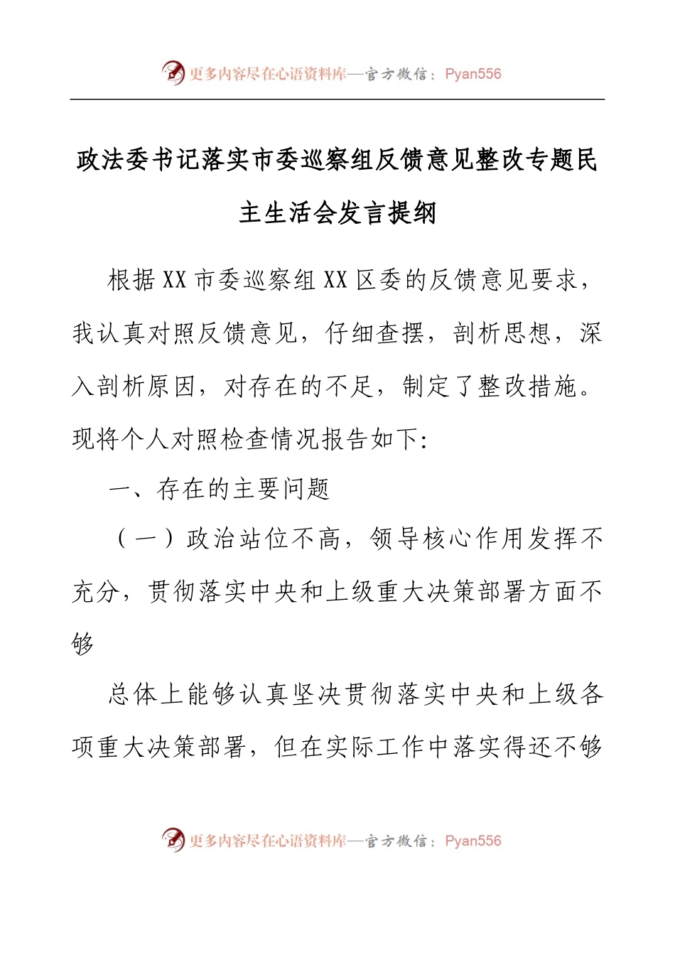 政法委书记落实市委巡察组反馈意见整改专题民主生活会发言提纲.docx_第1页