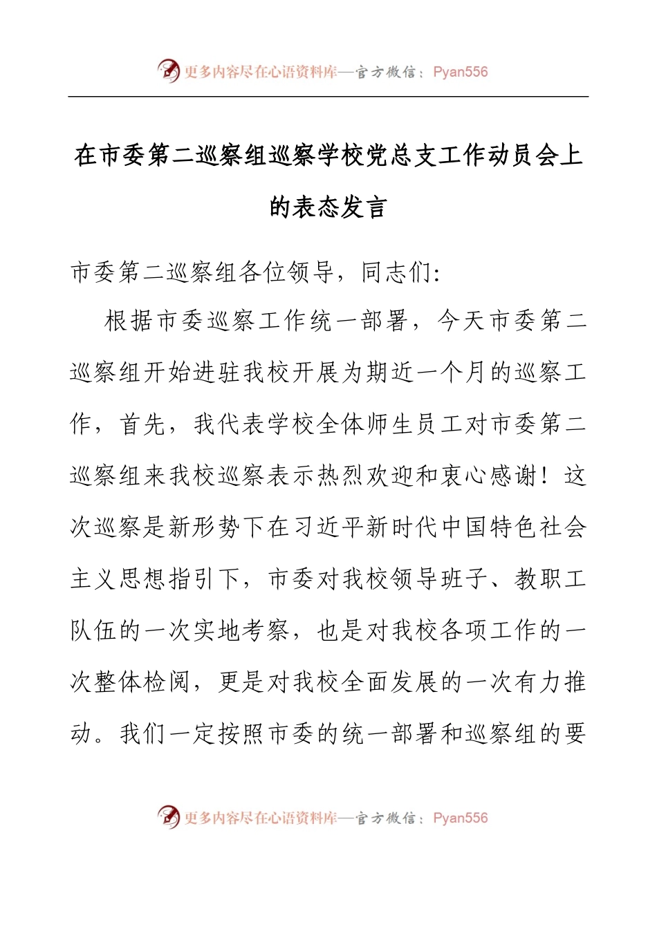 在市委第二巡察组巡察学校党总支工作动员会上的表态发言.docx_第1页
