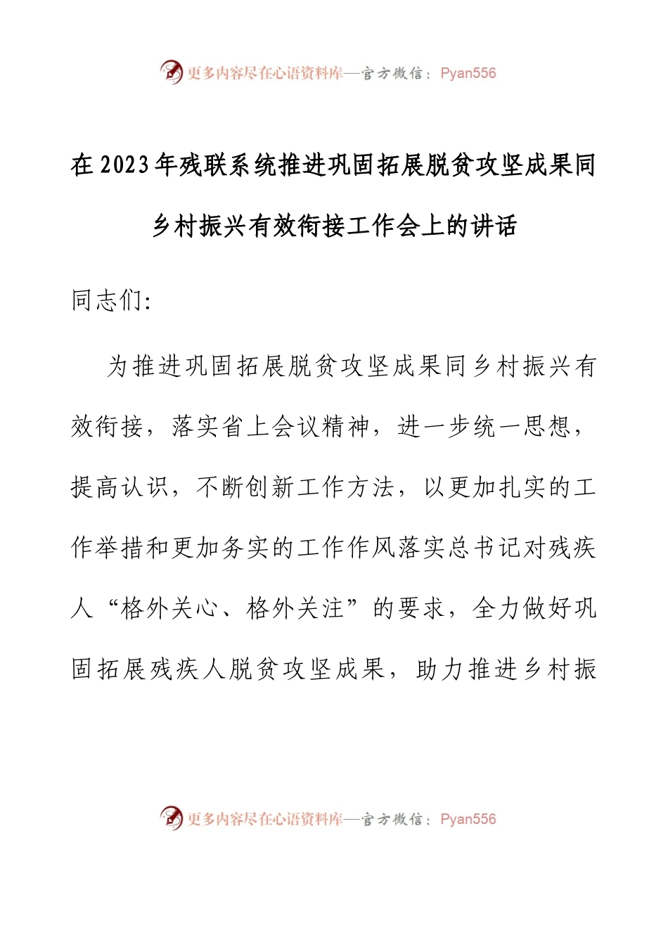在2023年残联系统推进巩固拓展脱贫攻坚成果同乡村振兴有效衔接工作会上的讲话.docx_第1页