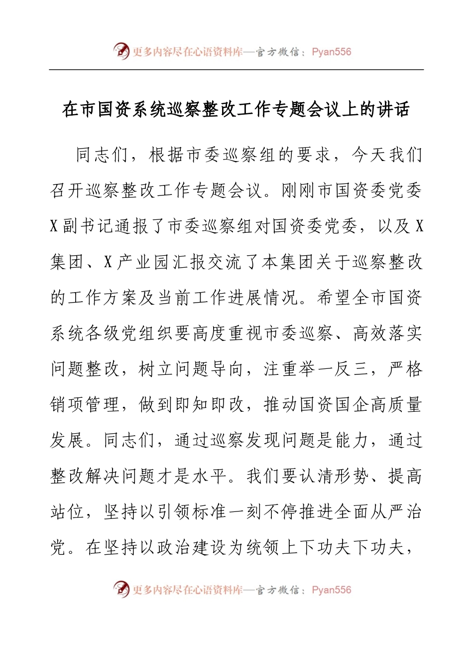 在市国资系统巡察整改工作专题会议上的讲话.docx_第1页