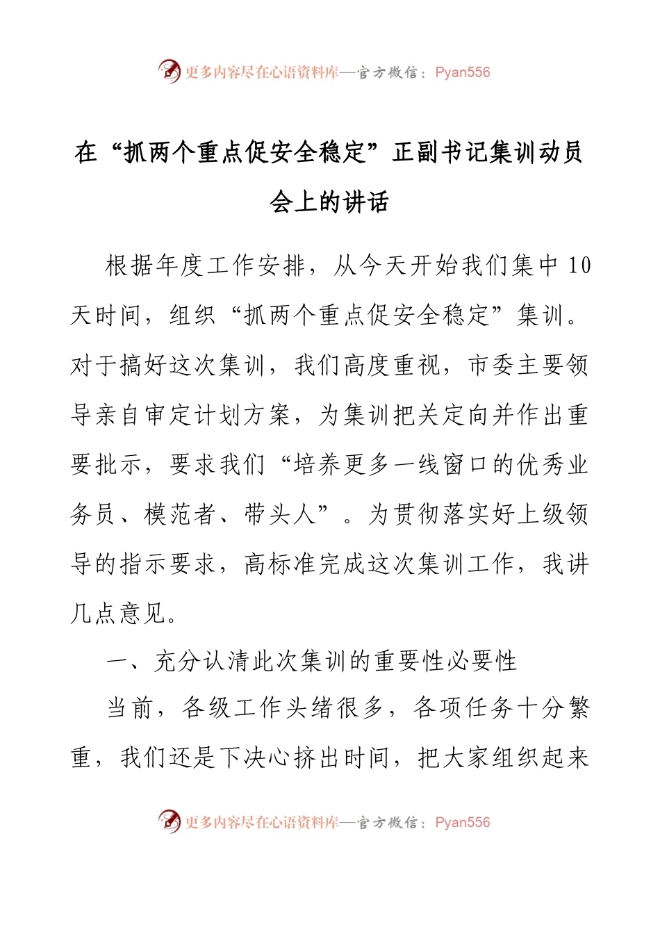 在“抓两个重点促安全稳定”正副书记集训动员会上的讲话.docx_第1页