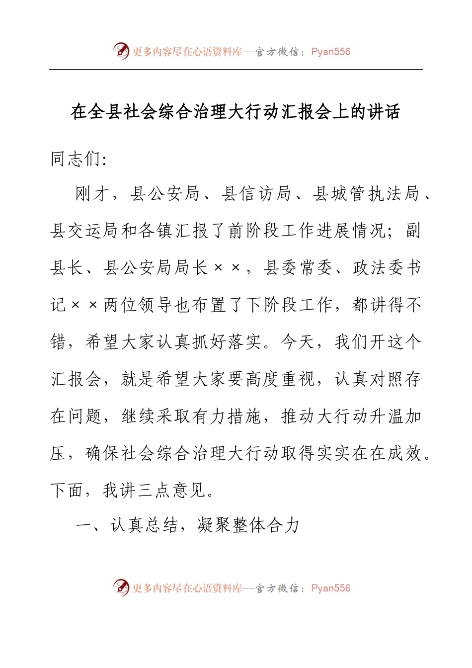 在全县社会综合治理大行动汇报会上的讲话.docx_第1页