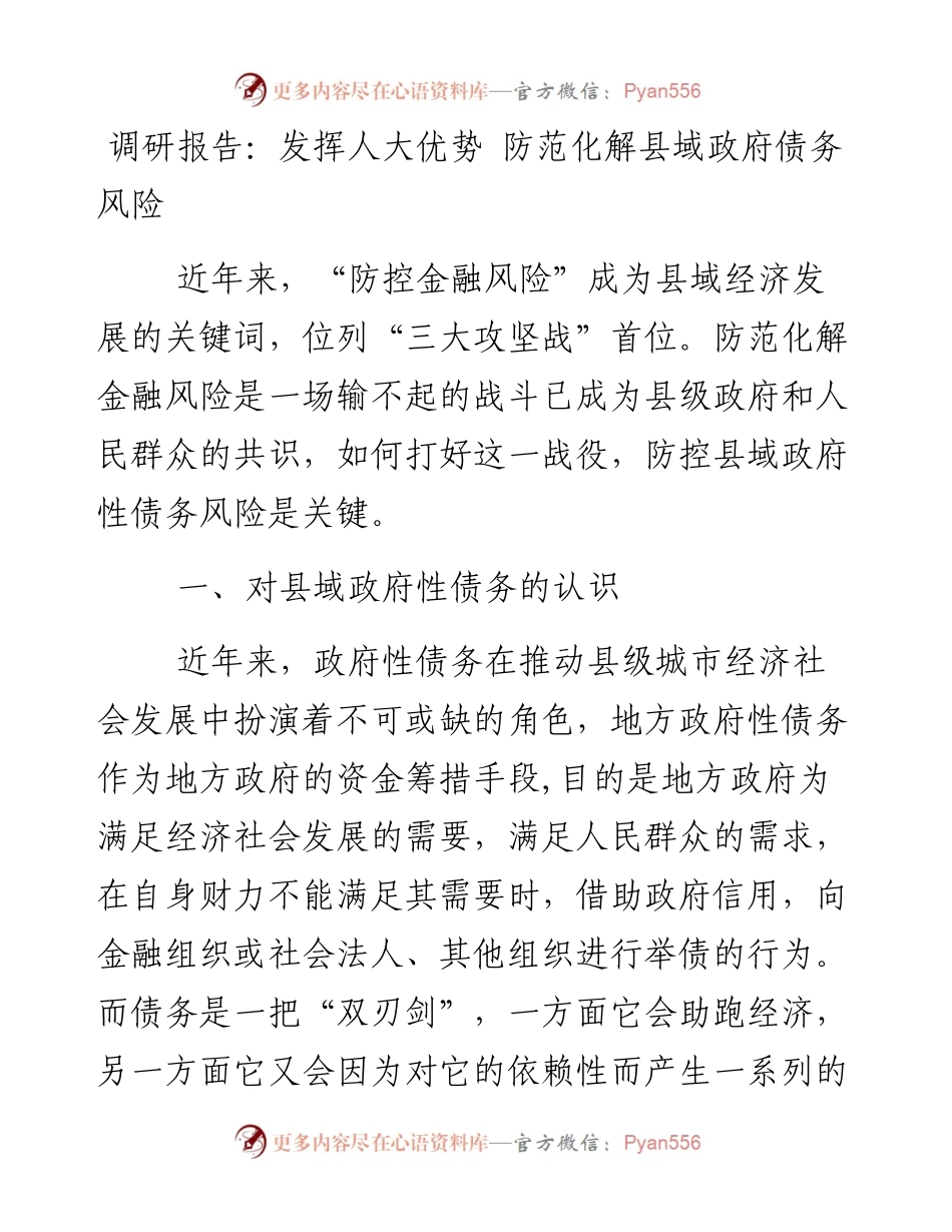 13615【调研报告：发挥人大优势 防范化解县域政府债务风险.docx_第1页