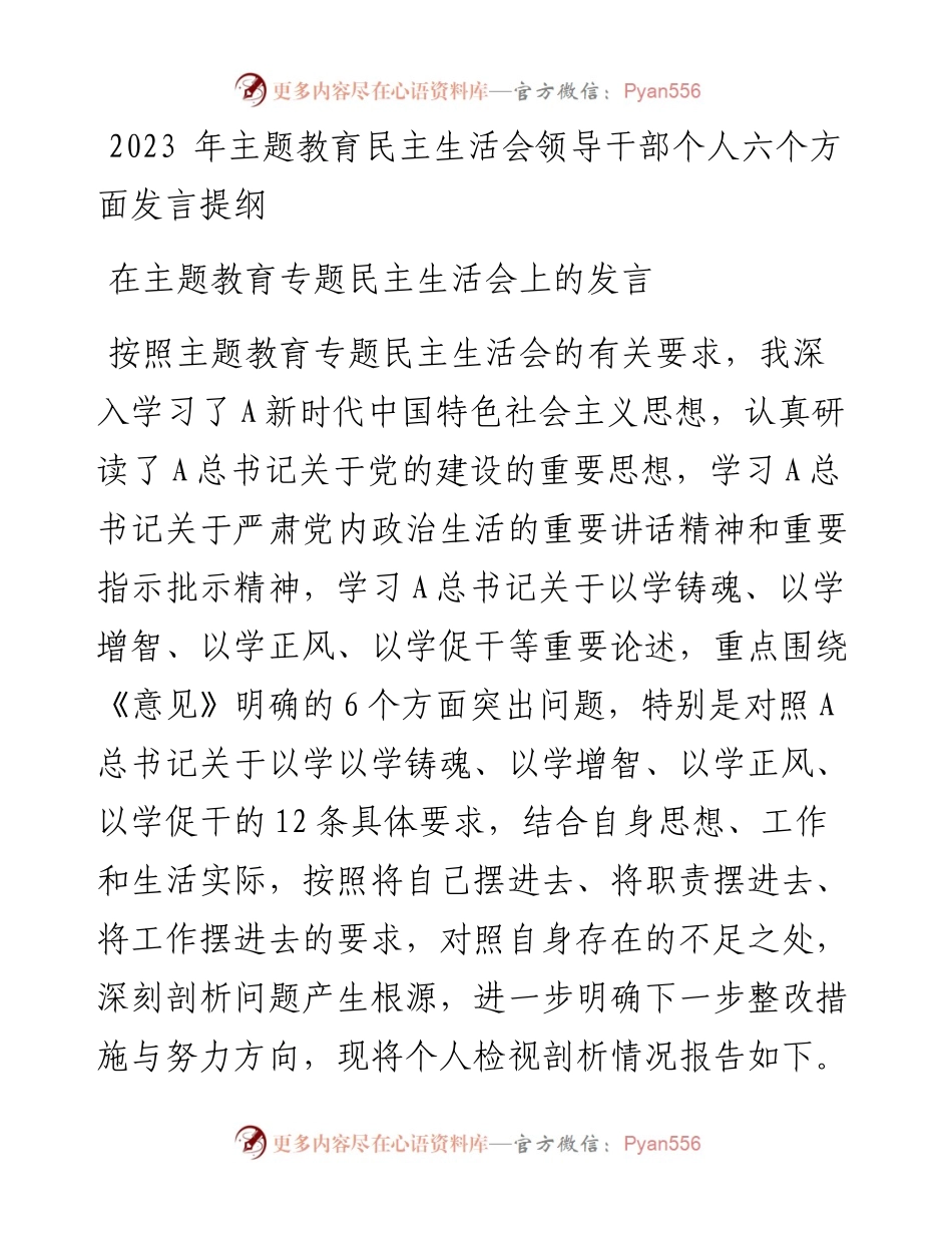 2023 年主题教育民主生活会领导干部个人六个方面发言提纲.docx_第1页