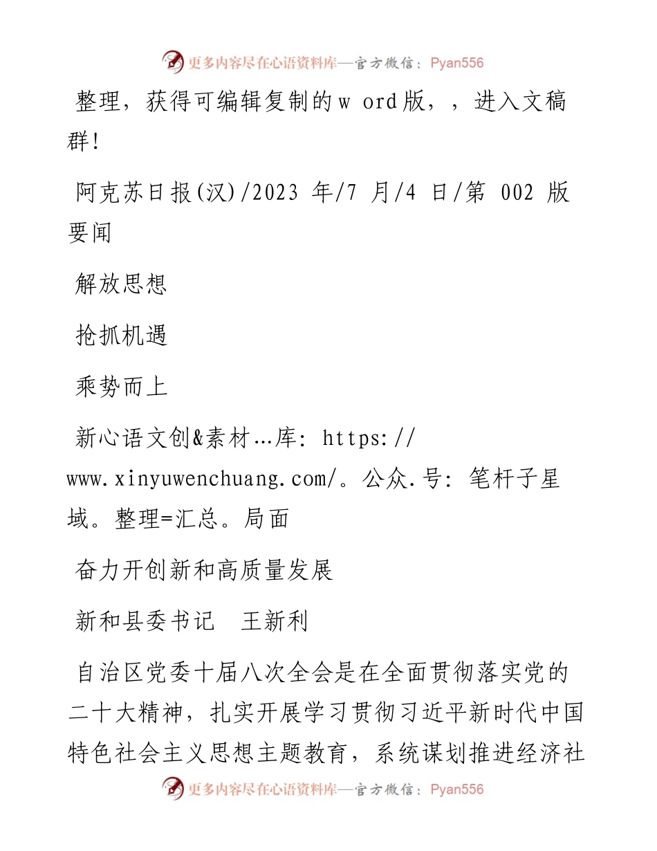 2023.07.04新和县委书记王新利：解放思想抢抓机遇乘势而上奋力开创新和高质量发展新局面.docx_第1页