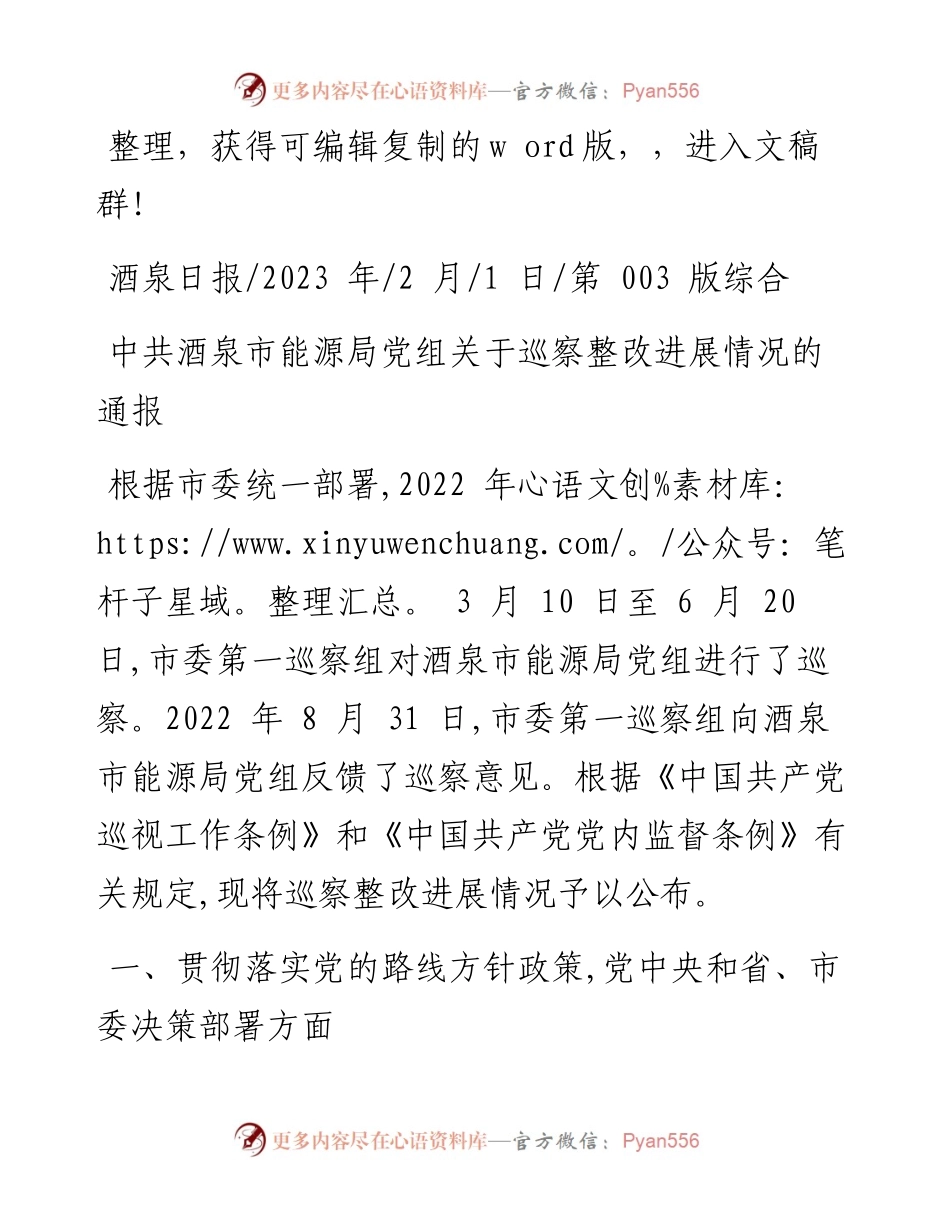 2023.02.01：中共酒泉市能源局党组关于巡察整改进展情况的通报.docx_第1页