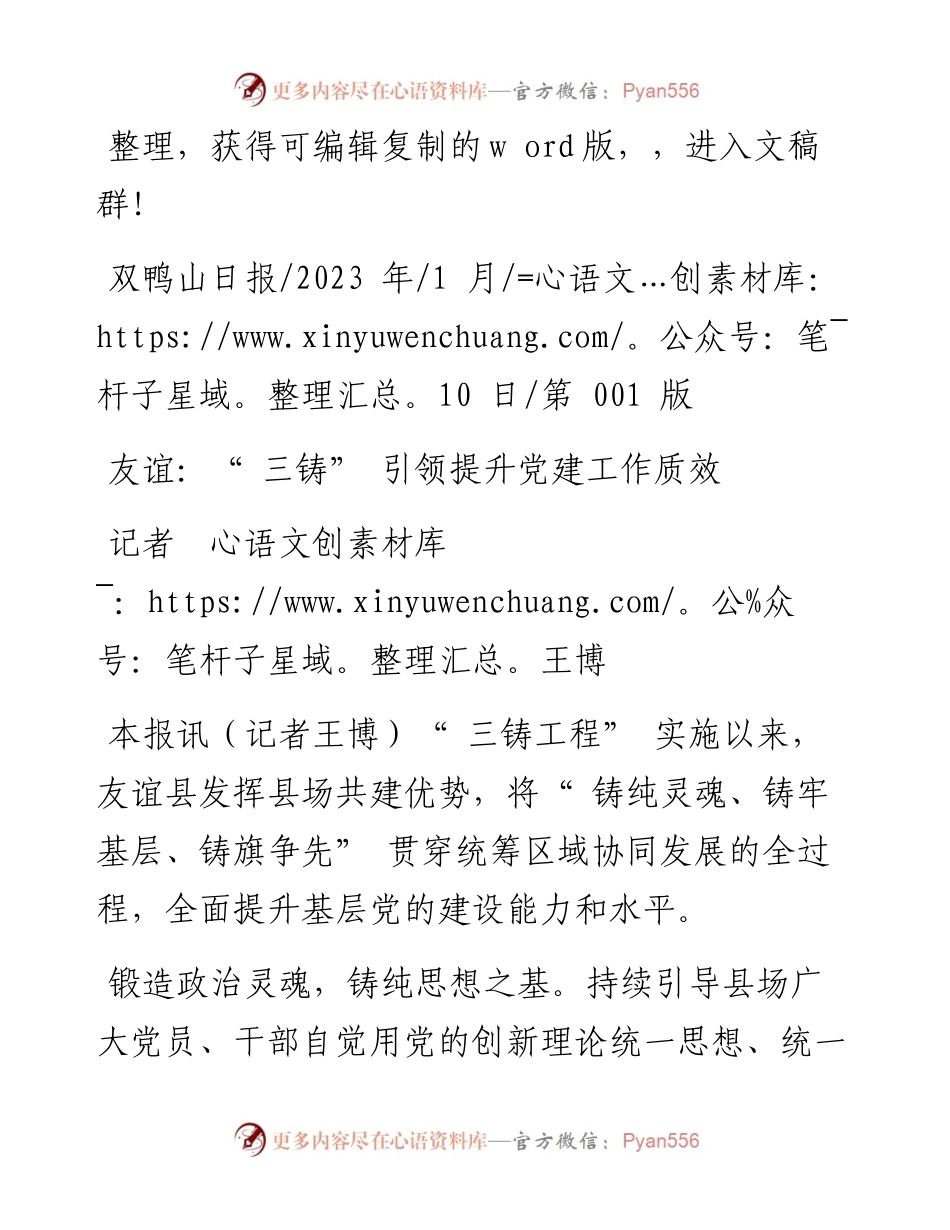2023.01.10记者王博：友谊：三铸引领提升党建工作质效.docx_第1页