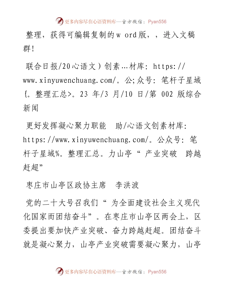 2023.03.10枣庄市山亭区政协主席李洪波：更好发挥凝心聚力职能助力山亭产业突破跨越赶超.docx_第1页
